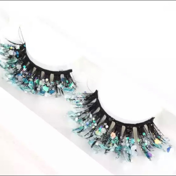 Blue Shining Gold Glitter Eyelashes Handmade Dramatic - Picture 2 of 2